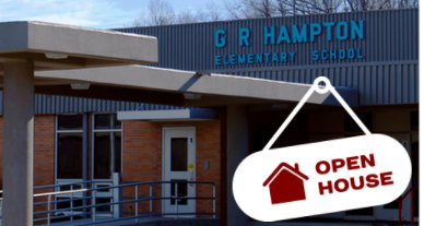 G.R. Hampton exterior with open house sign in forefront