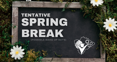 Spring Break graphic with black chalkboard and daisies